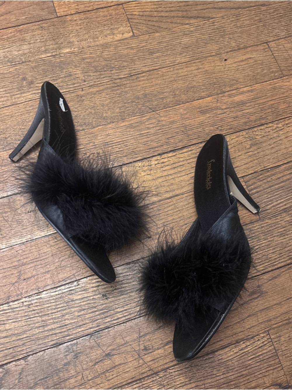 Frederick's of Hollywood Black Furry Slide Heels